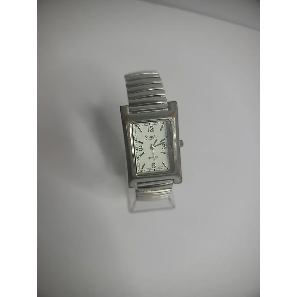 Vintage Sheffield Wristwatch Watch Silver Tone Elastic‎ Metal Band Womens